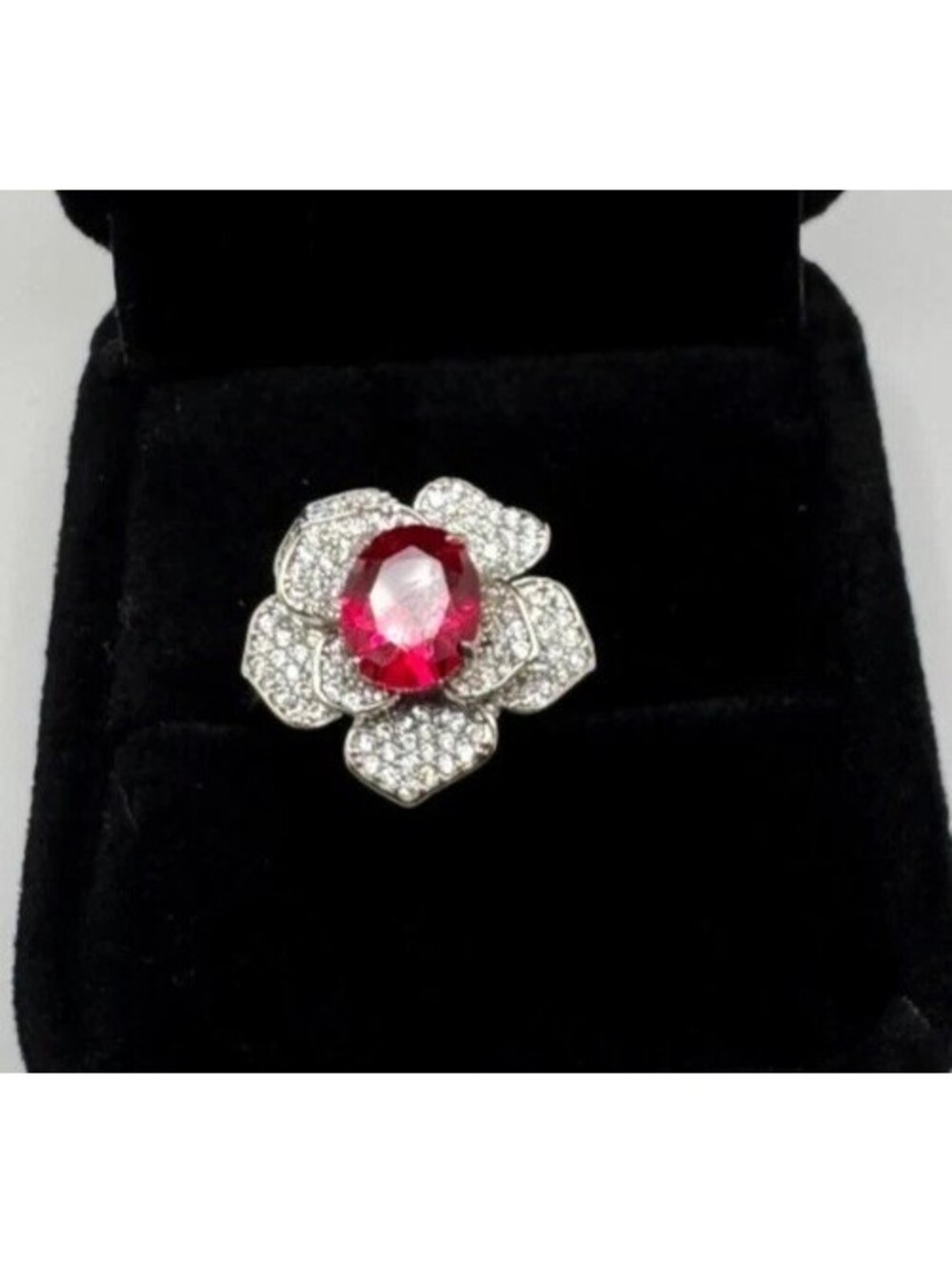 Platinum Plated Adjustable 2 ct Moissanite Pink Flower Ring Vintage Inspired
